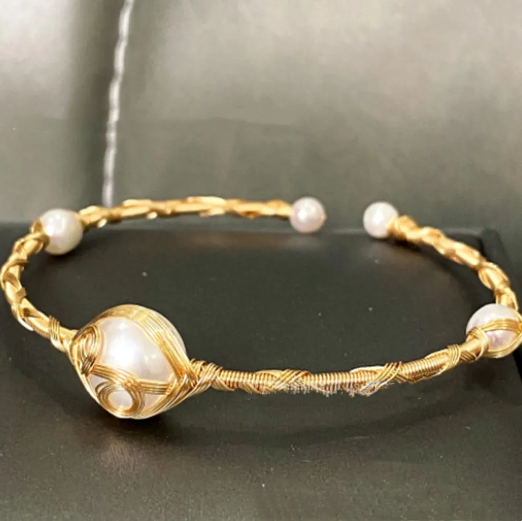 18K Gold Wire Wrapped Natural Freshwater Pearl Bangle Bracelet