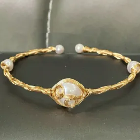 18K Gold Wire Wrapped Natural Freshwater Pearl Bangle Bracelet