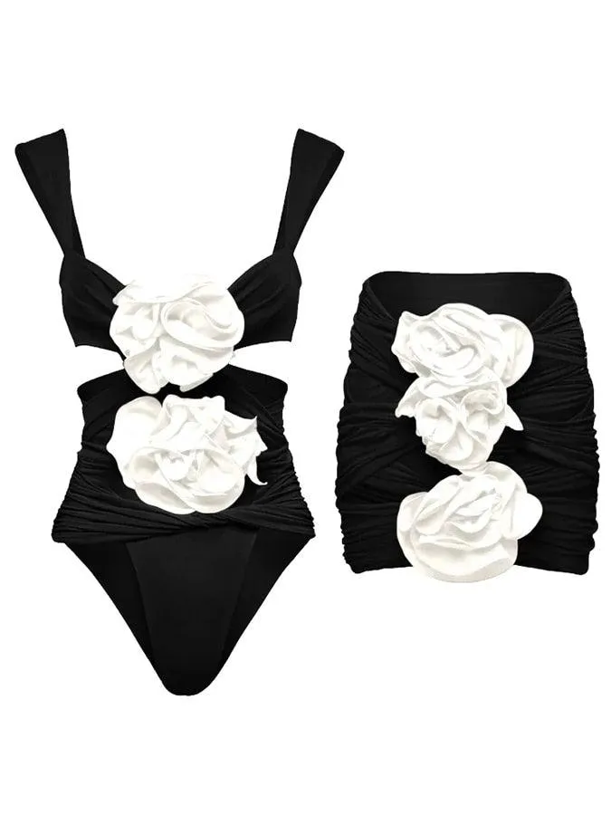 3D Flower Cutout Swimwear - Black and White