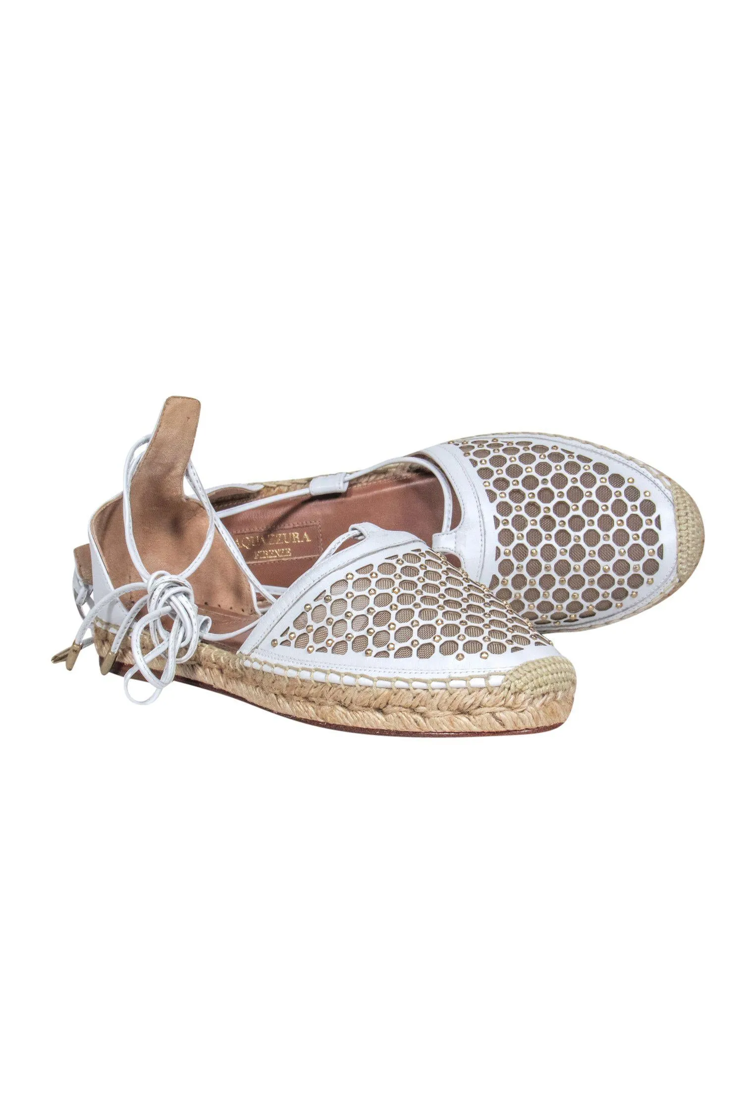 Aquazzura - White Mesh Studded Lace-Up Espadrilles Sz 7