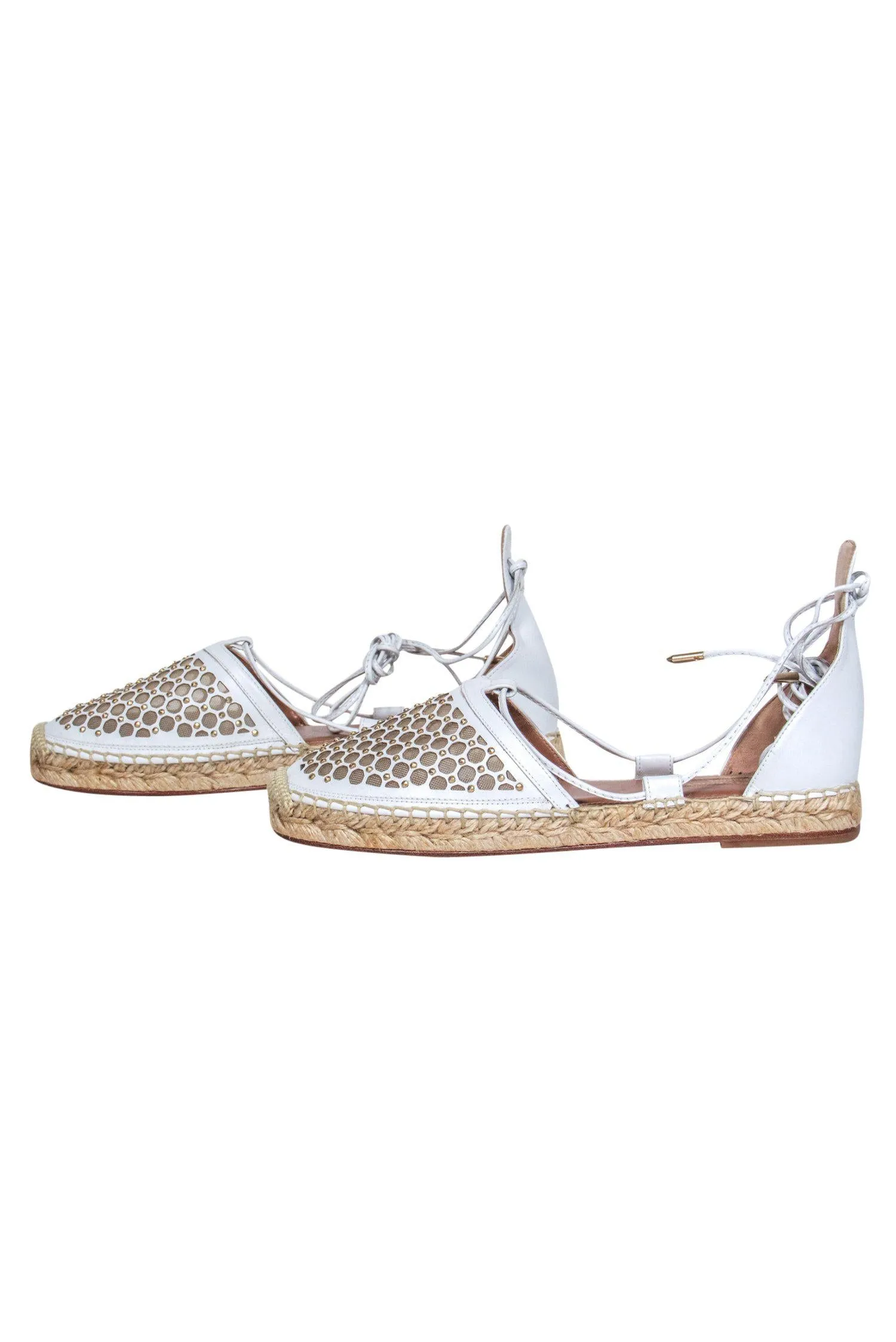 Aquazzura - White Mesh Studded Lace-Up Espadrilles Sz 7