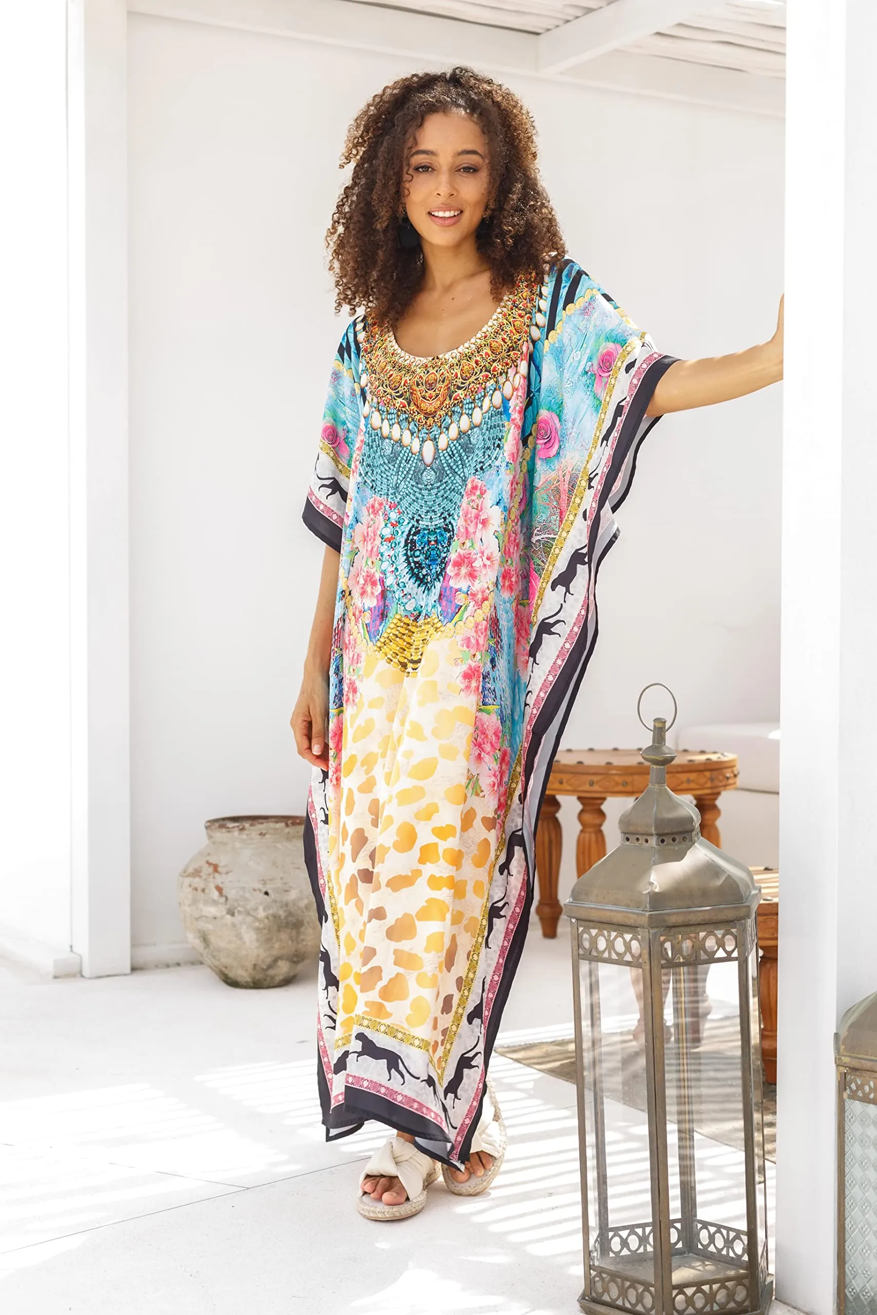 Back From Bali Womens Kaftan Long Casual Maxi Dress Boho V Neck Animal Print Beach Swimsuit Cover Up