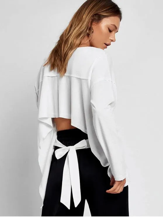 Backless Scoop White Long Lantern Sleeves Blouse