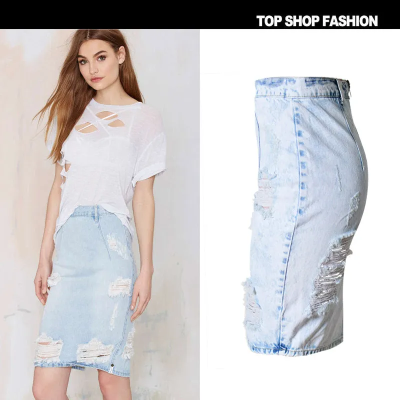 Bagger Style Holes High Waist Slim Short Denim Skirt