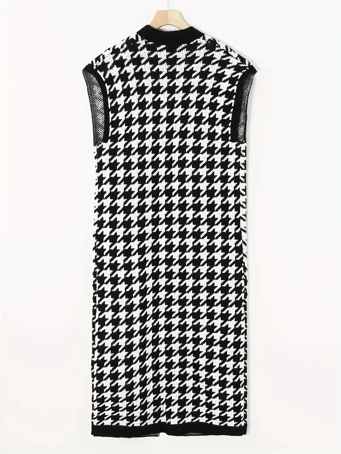 B&W Houndstooth Open Front Sleeveless Cardigan