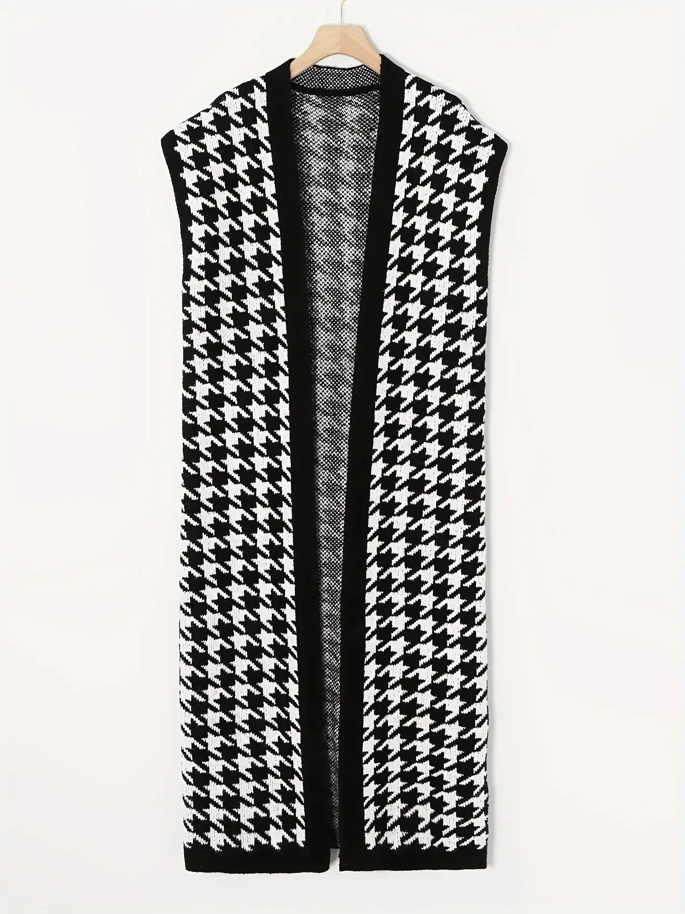 B&W Houndstooth Open Front Sleeveless Cardigan