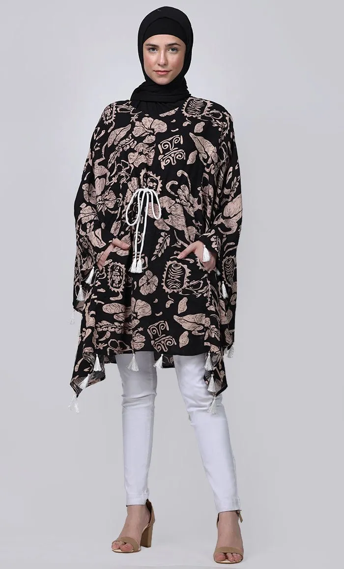 Basic Everyday Wear Printed Floral Tunic With Contrasted Tessels And Dori