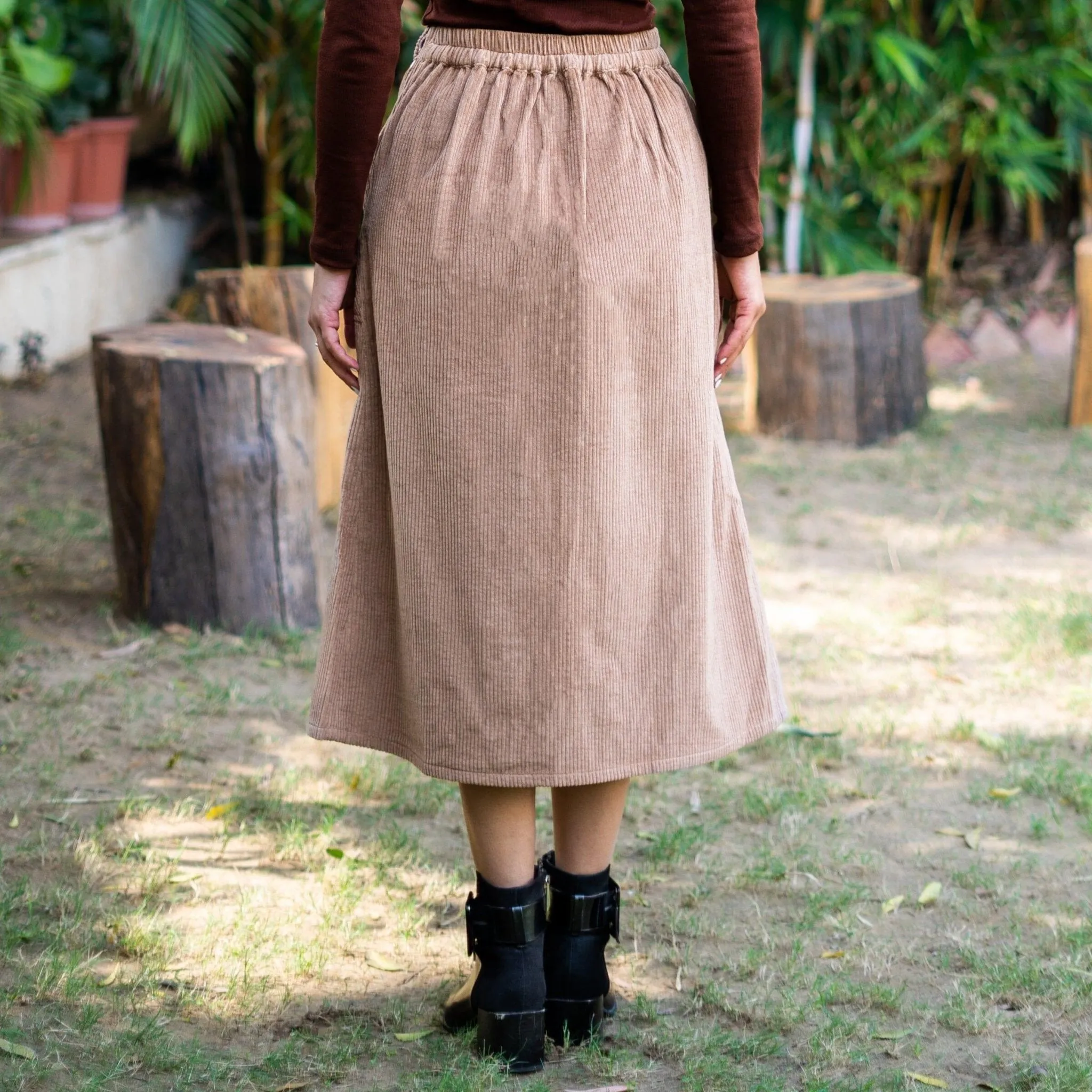 Beige Warm Cotton Corduroy High-Rise A-Line Midi Slit Skirt