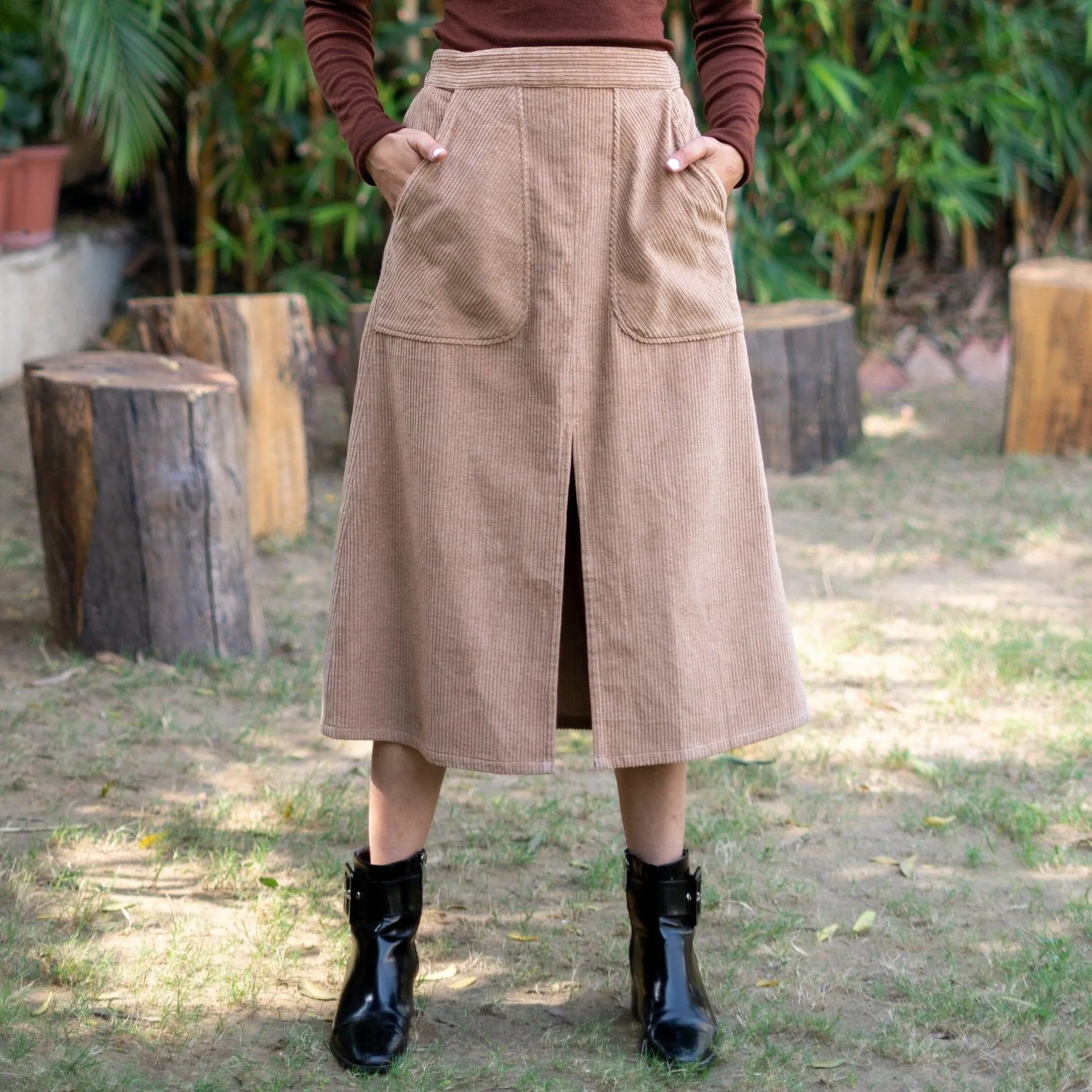 Beige Warm Cotton Corduroy High-Rise A-Line Midi Slit Skirt