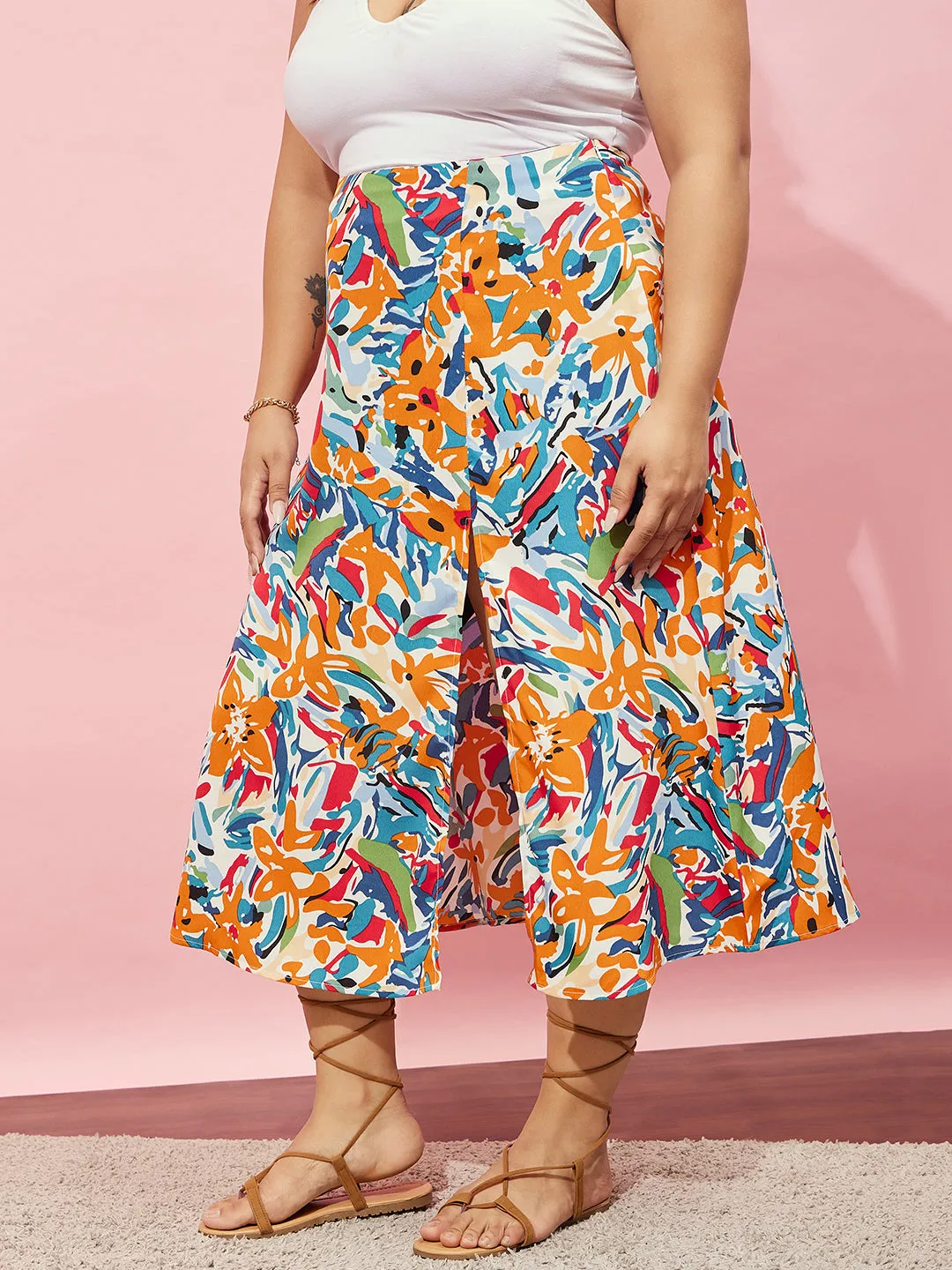 Berrylush Women Plus Size White & Multicolour Abstract Printed High-Rise Waist Thigh-High Slit Flared A-Line Midi Skirt