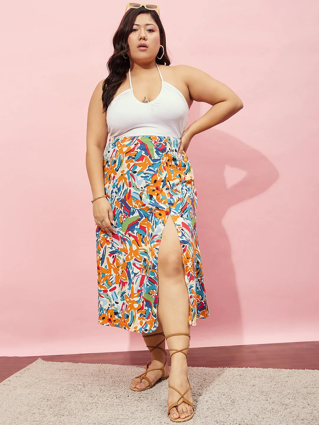 Berrylush Women Plus Size White & Multicolour Abstract Printed High-Rise Waist Thigh-High Slit Flared A-Line Midi Skirt