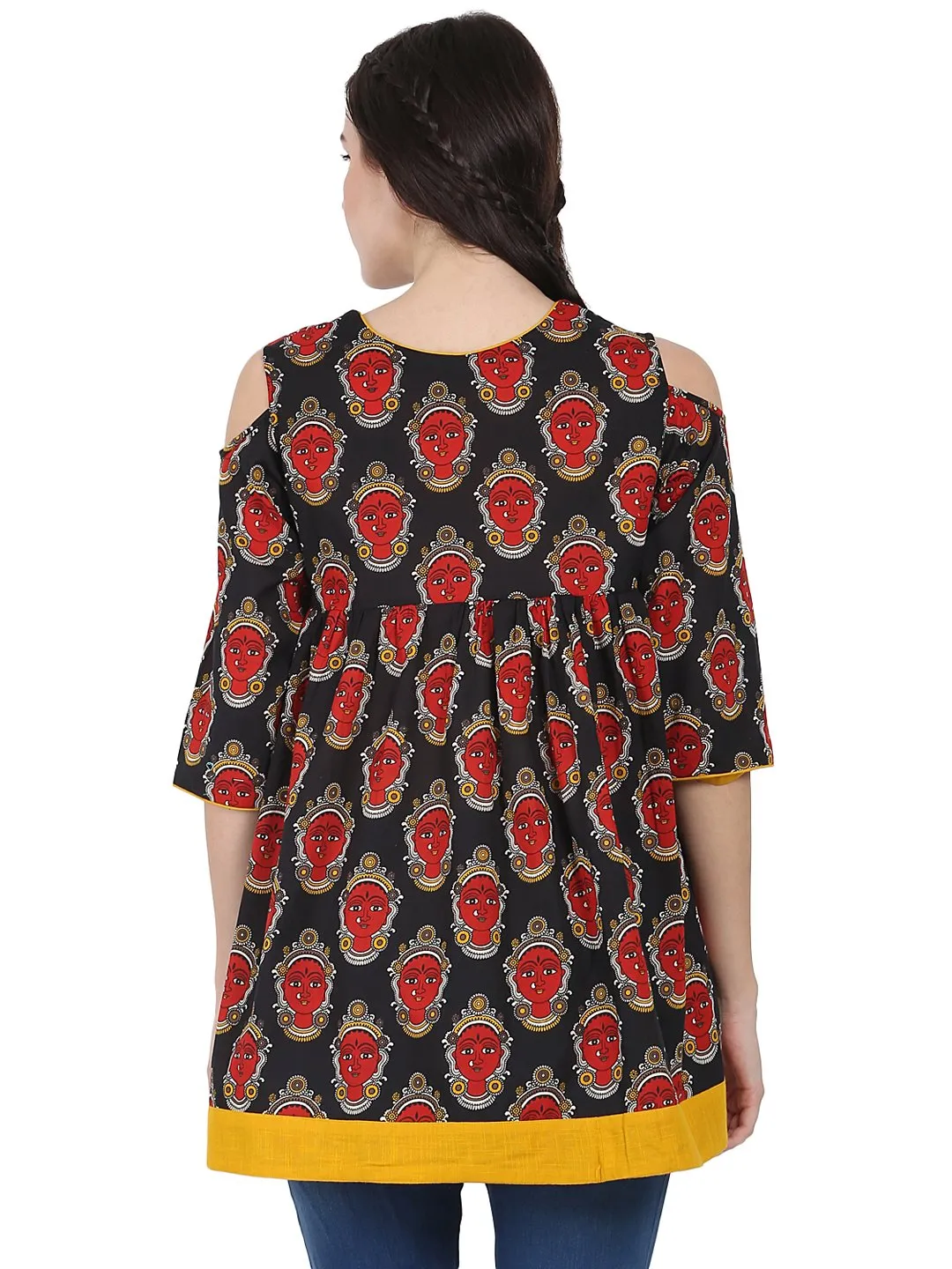 Black & Red printed 3/4th sleeve cotton Flared tunics