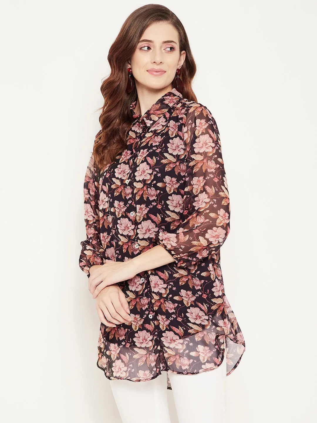 Black & Rust Shirt Collar Printed Tunic