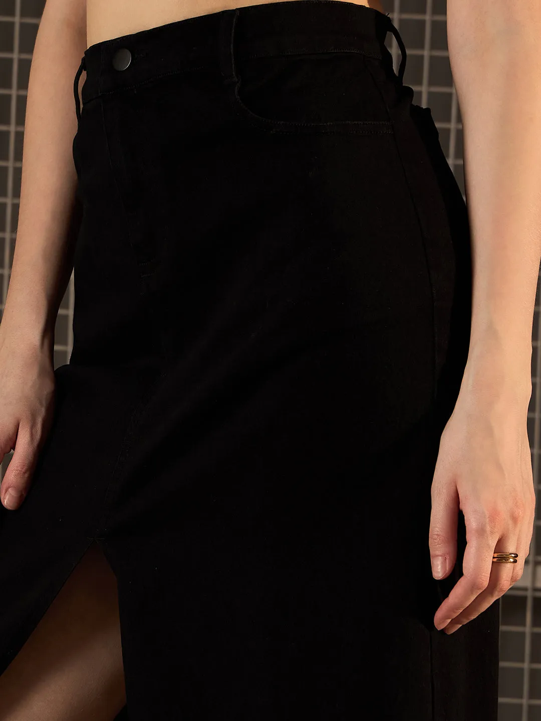 Black Denim Polyester Center Slit Skirt