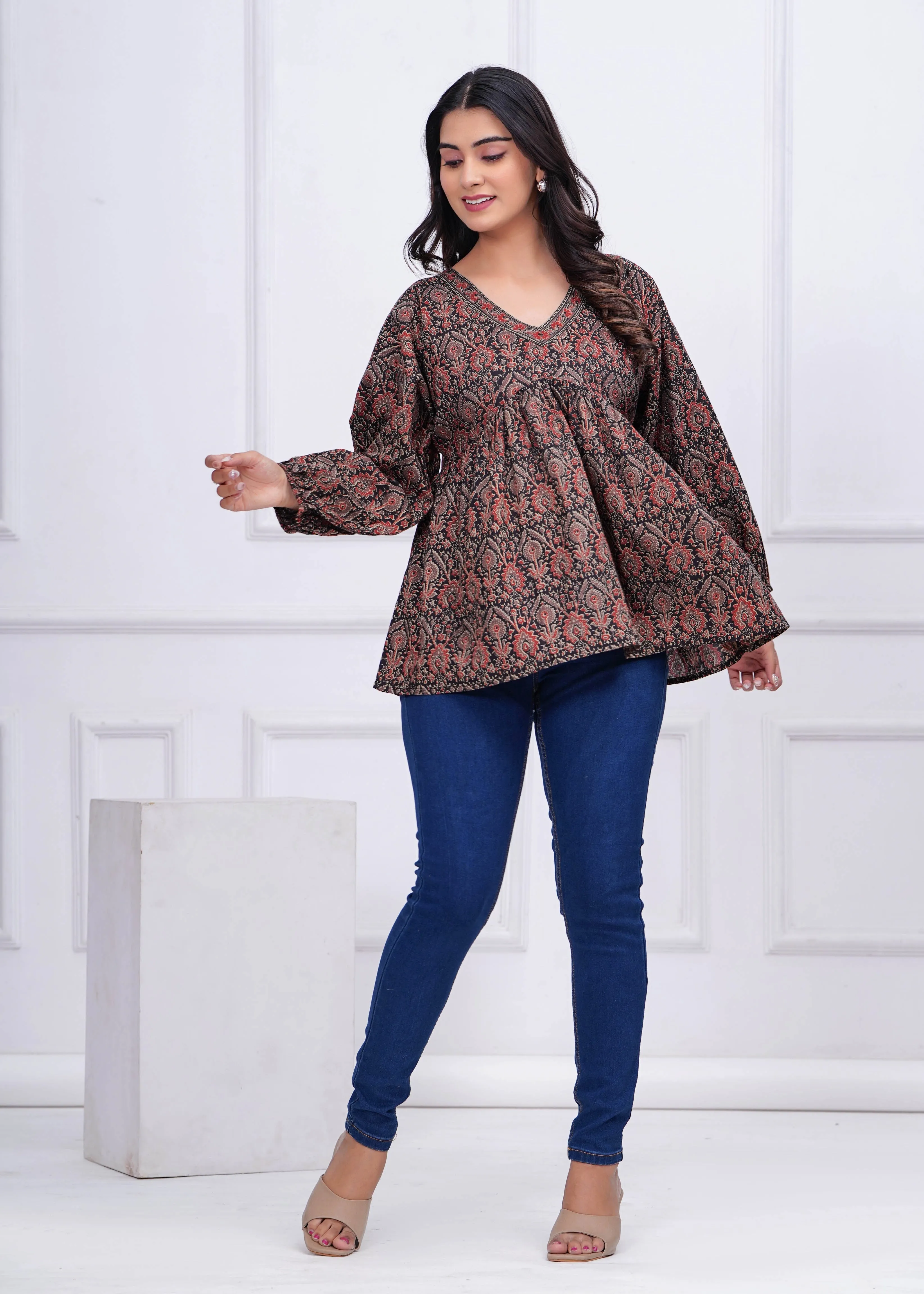 Black Ethnic Printed Peplum TunicFor Women