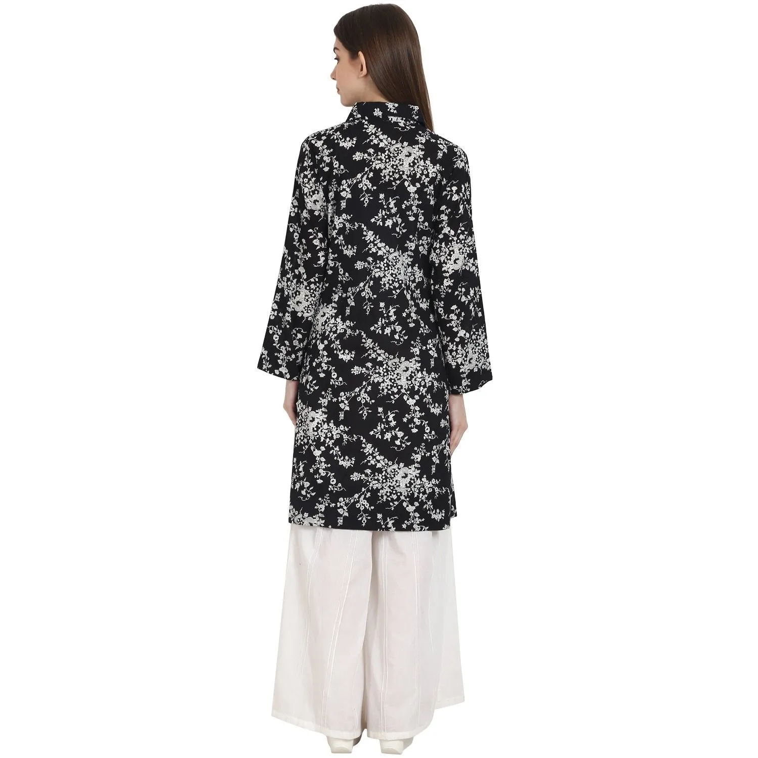 Black printed full sleeve front open cotton Tunics