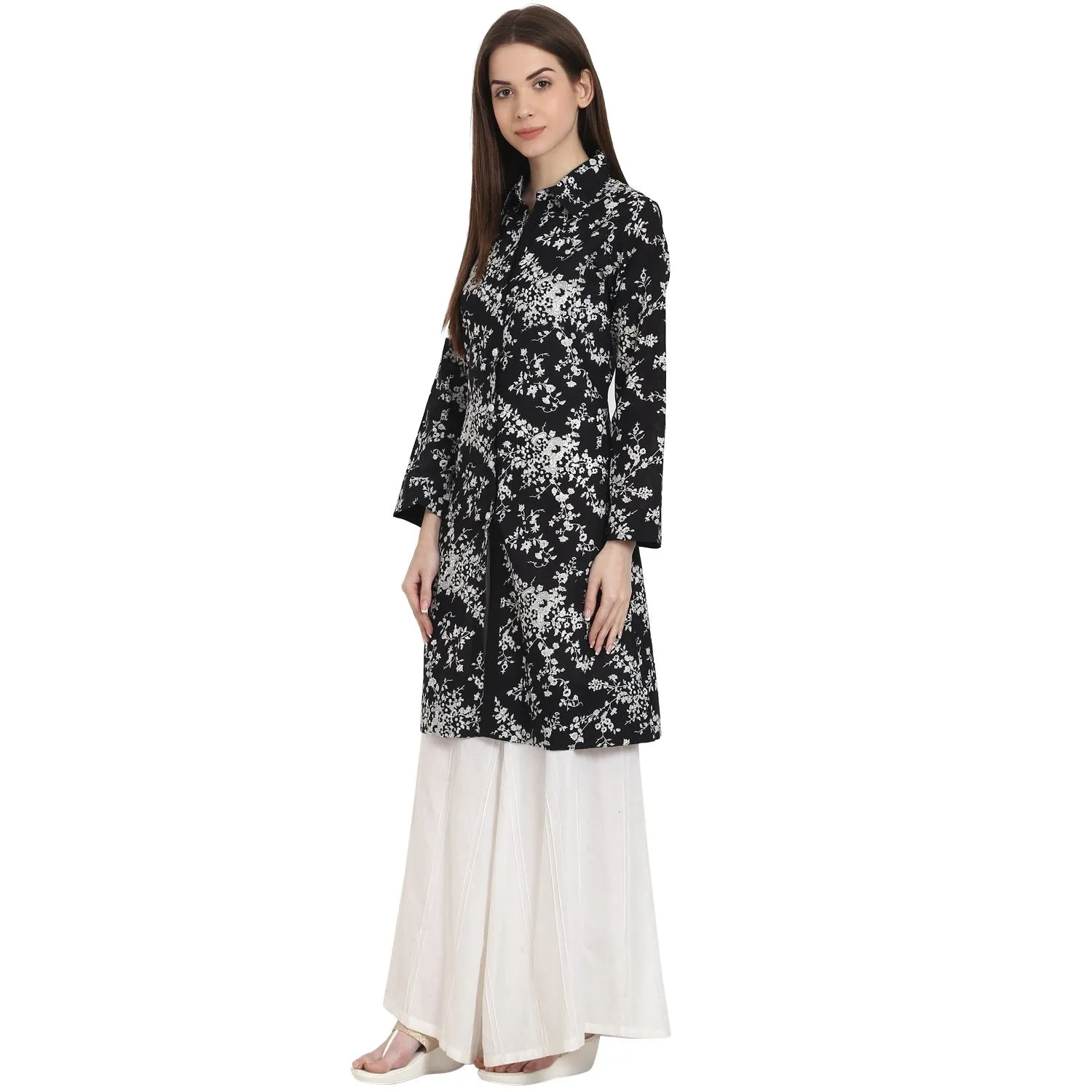 Black printed full sleeve front open cotton Tunics