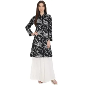 Black printed full sleeve front open cotton Tunics