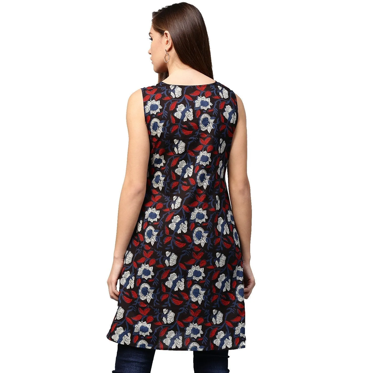 Black printed sleeveless cotton flared tunics