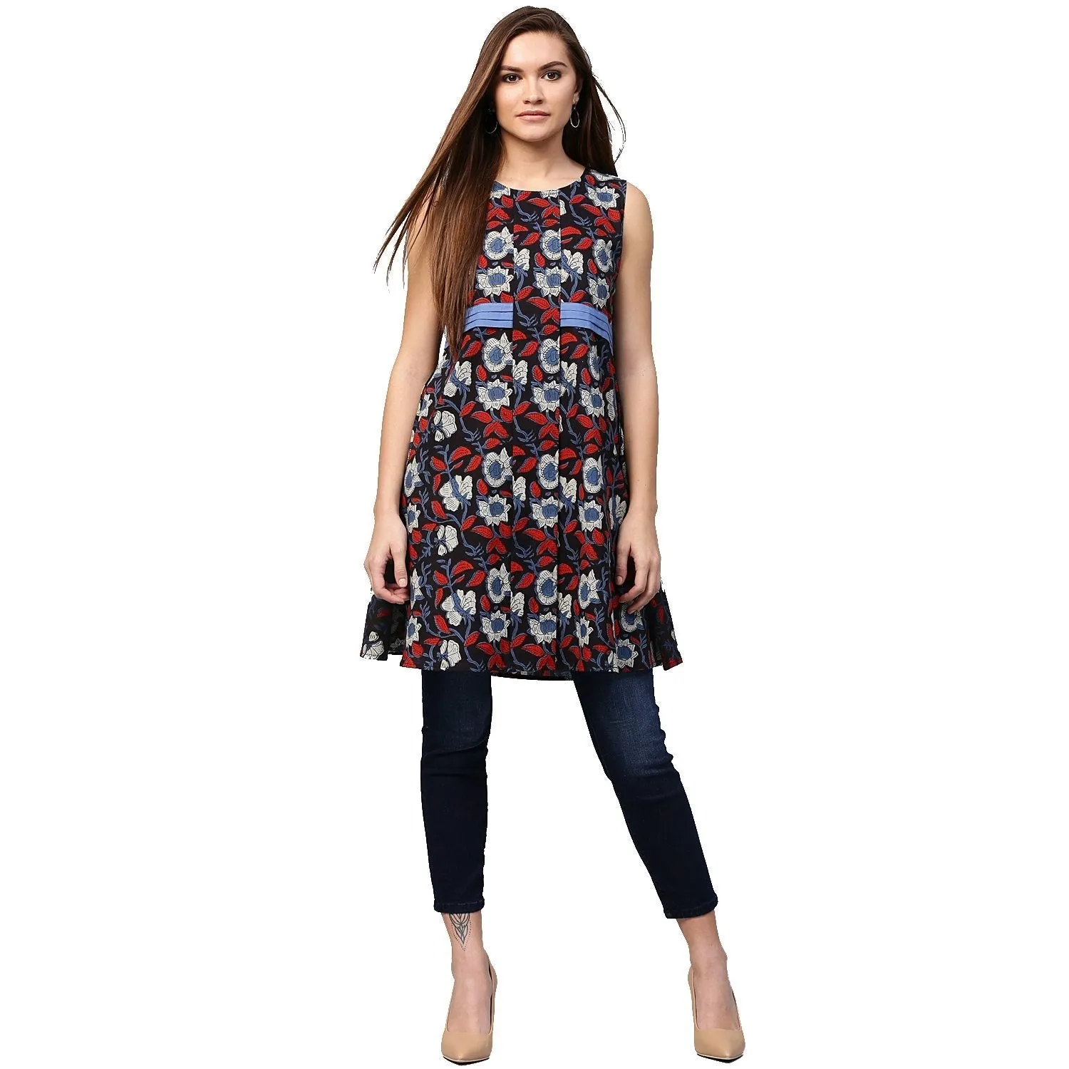 Black printed sleeveless cotton flared tunics