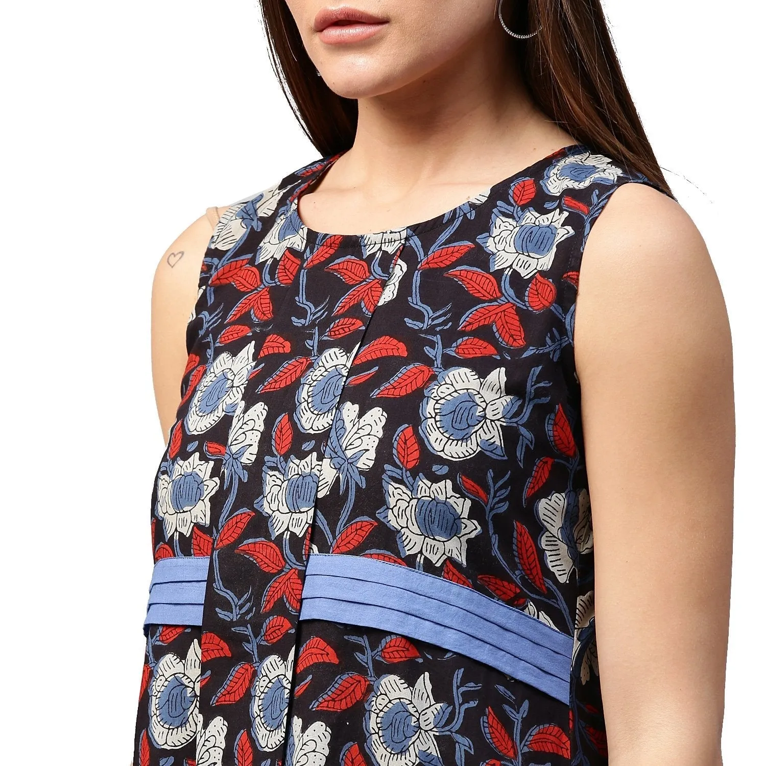 Black printed sleeveless cotton flared tunics