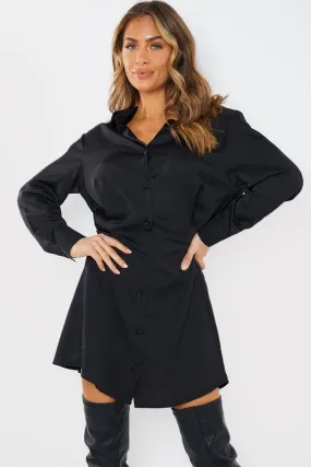 Black Satin Button Detail Shirt Dress