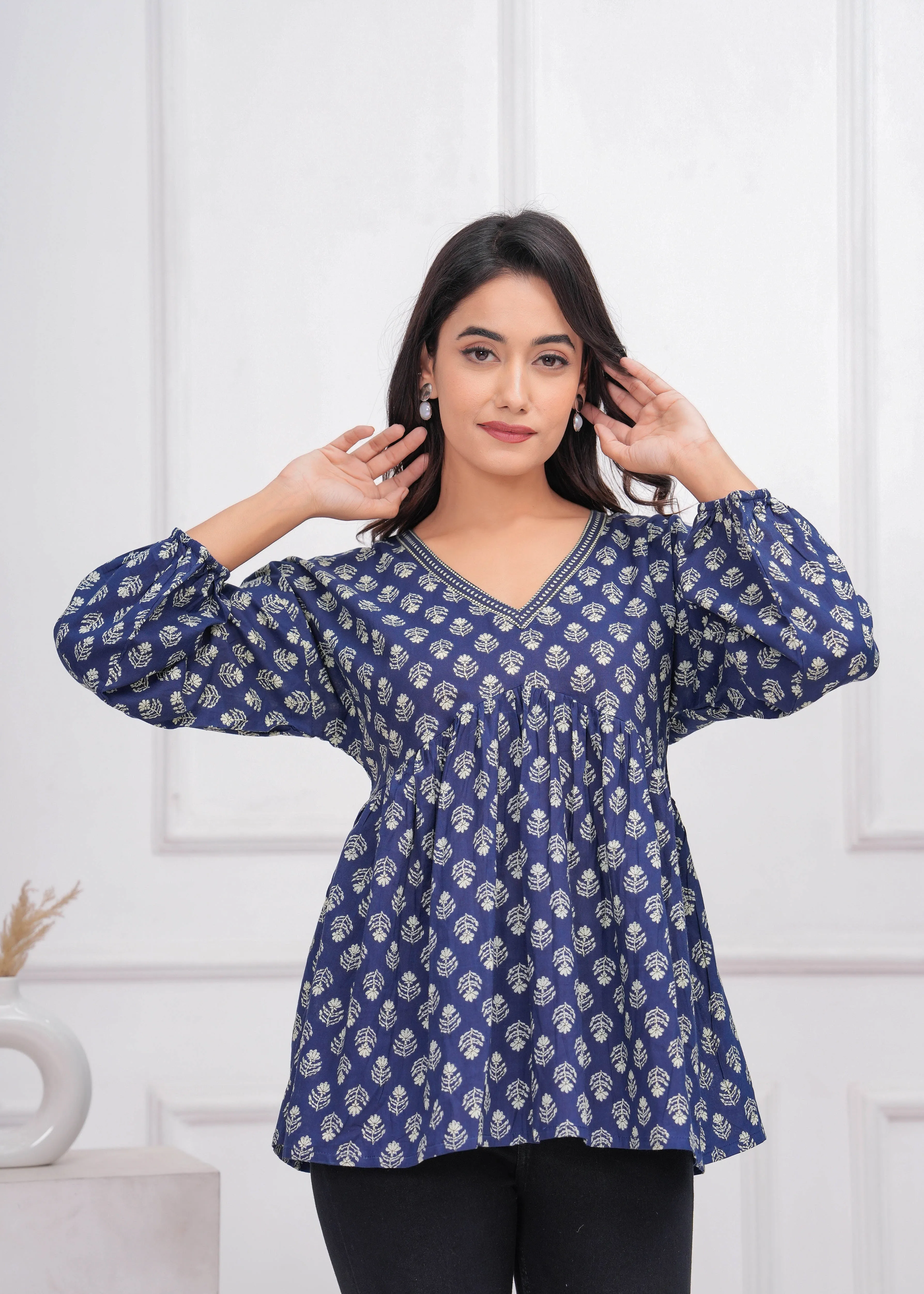 Blue Ethnic Printed Peplum TunicFor Women