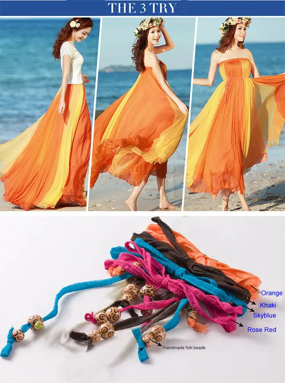 Bohemia Style Multi-way Strapless Chiffon Long Pleated Beach Skirt