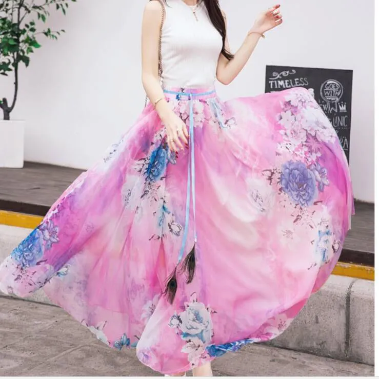 Bohemian Flower Print Chiffon Long Pleated Beach Skirt