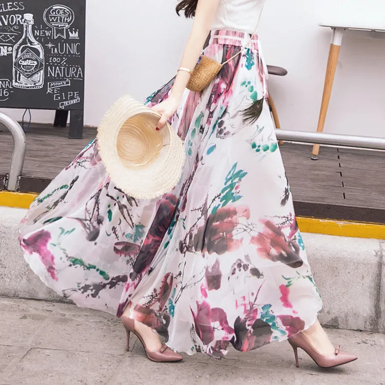 Bohemian Flower Print Chiffon Long Pleated Beach Skirt