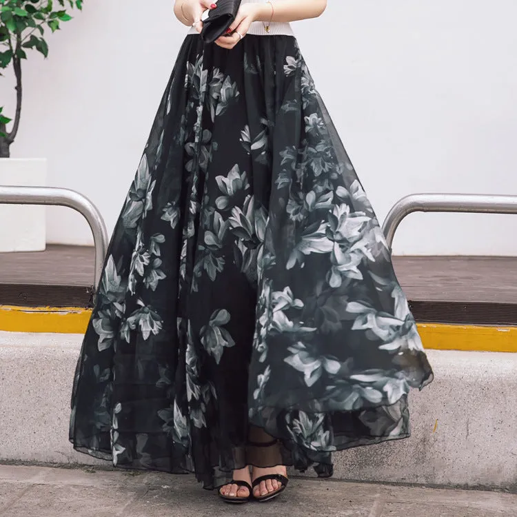 Bohemian Flower Print Chiffon Long Pleated Beach Skirt