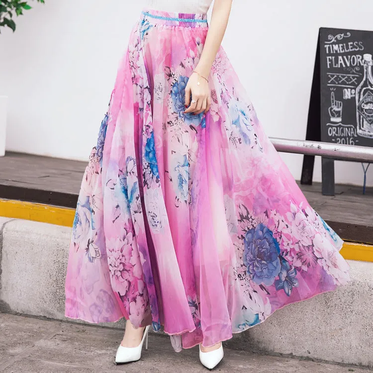 Bohemian Flower Print Chiffon Long Pleated Beach Skirt