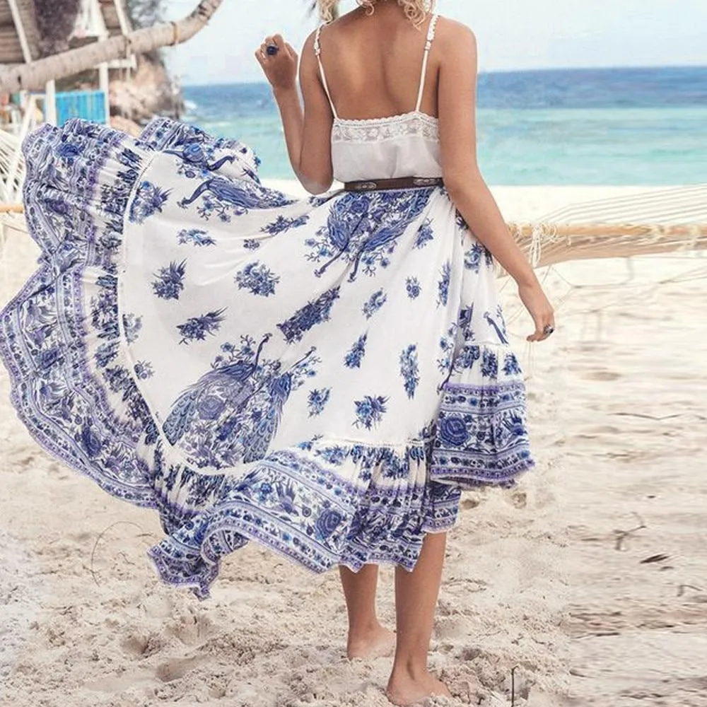 Bohemian Tribal Floral Skirt Knee Lengt Summer Beach Long Casual Skirt