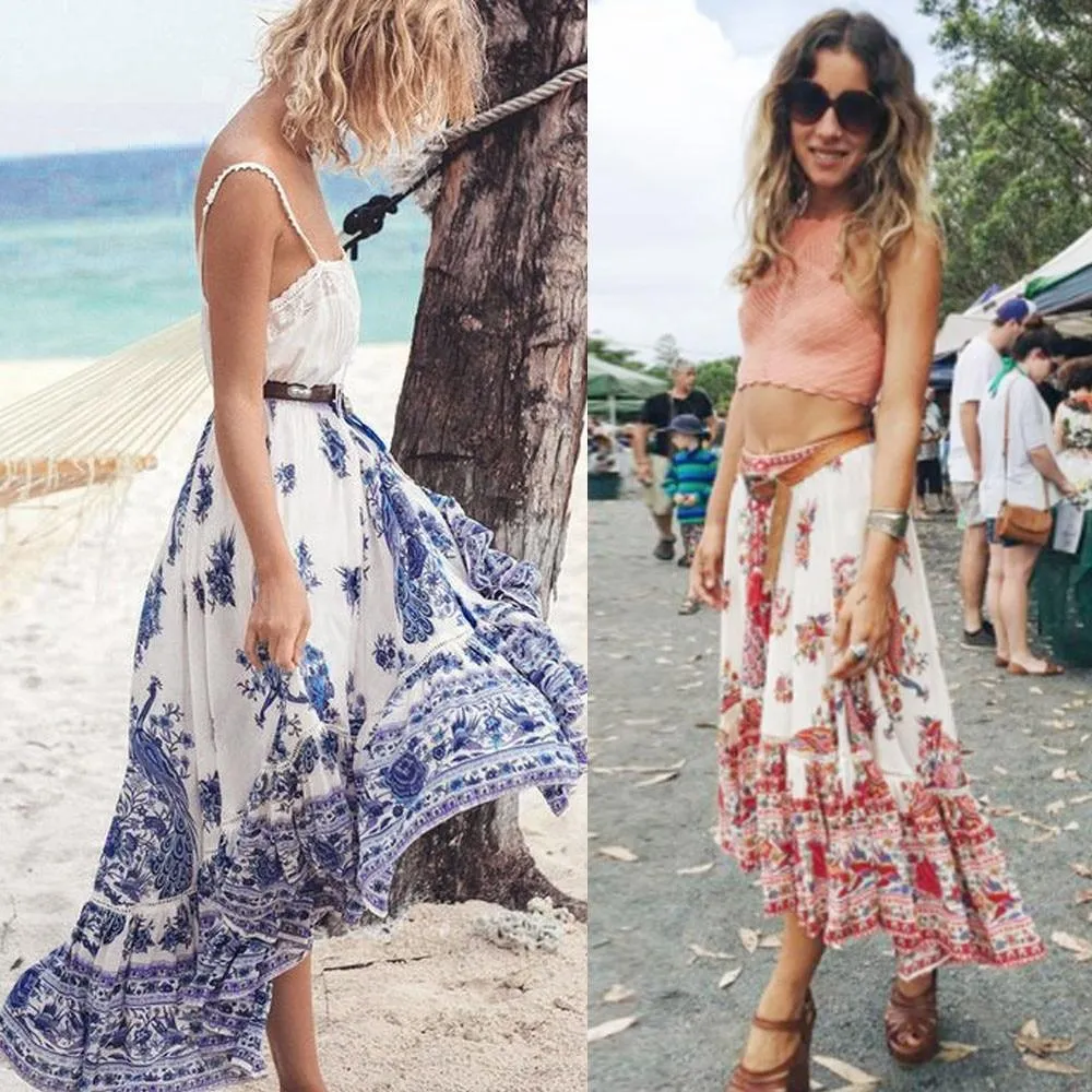 Bohemian Tribal Floral Skirt Knee Lengt Summer Beach Long Casual Skirt