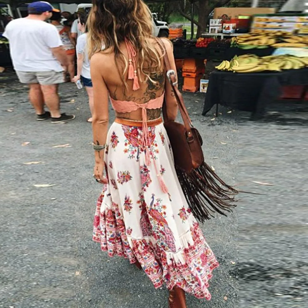 Bohemian Tribal Floral Skirt Knee Lengt Summer Beach Long Casual Skirt