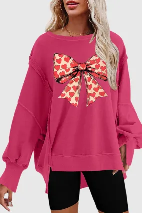 Bow Heart Valentine's Day Drop Shoulder High-Low Hem Sweatshirt