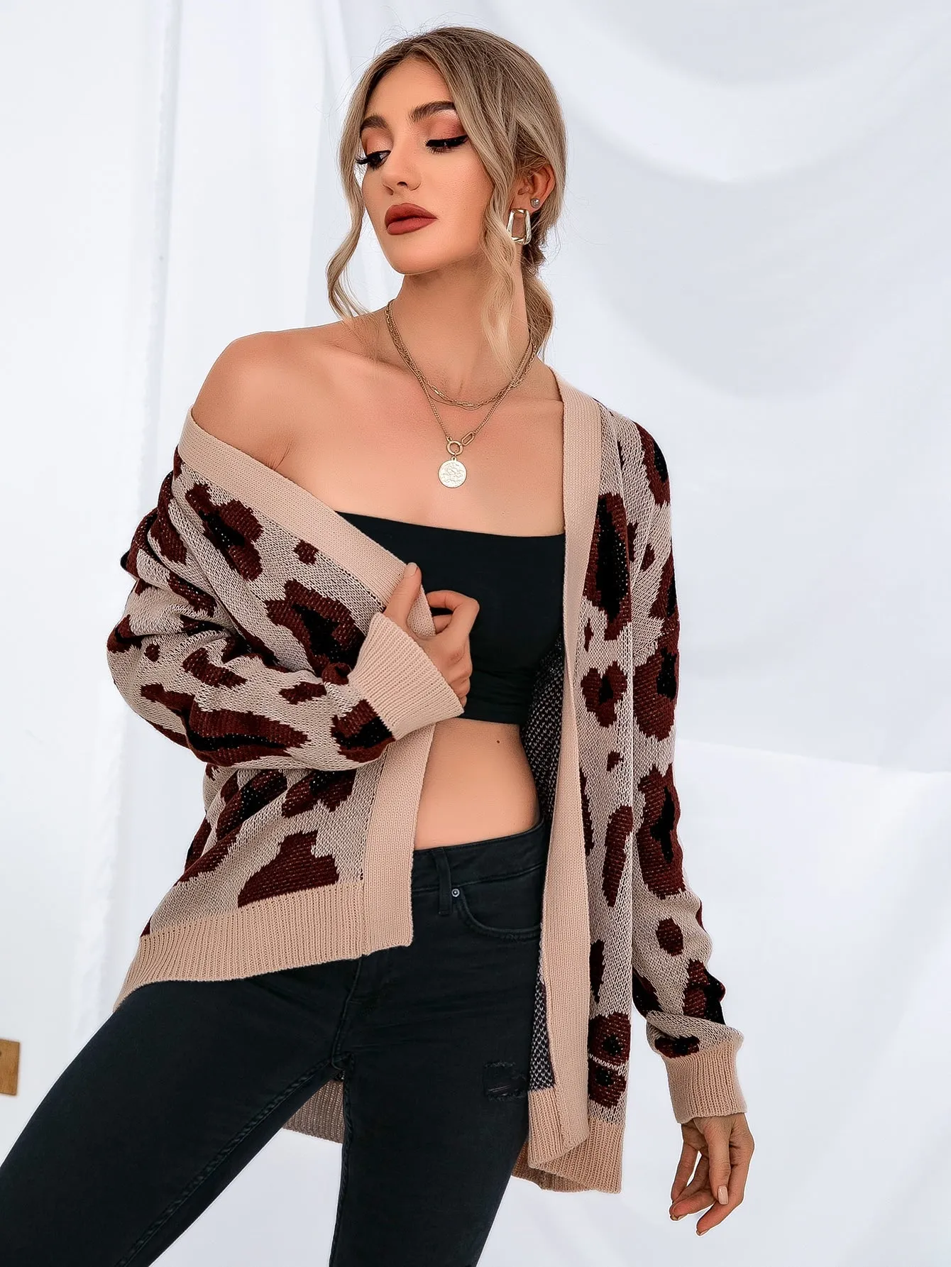 Casual All Over Print Long Sleeve Long Women Cardigan