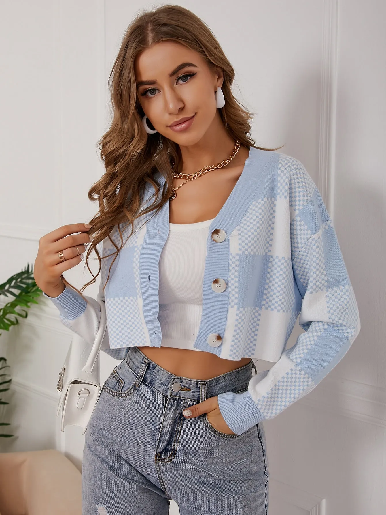 Casual Gingham Button Front Long Sleeve V Neck Crop Women Cardigan