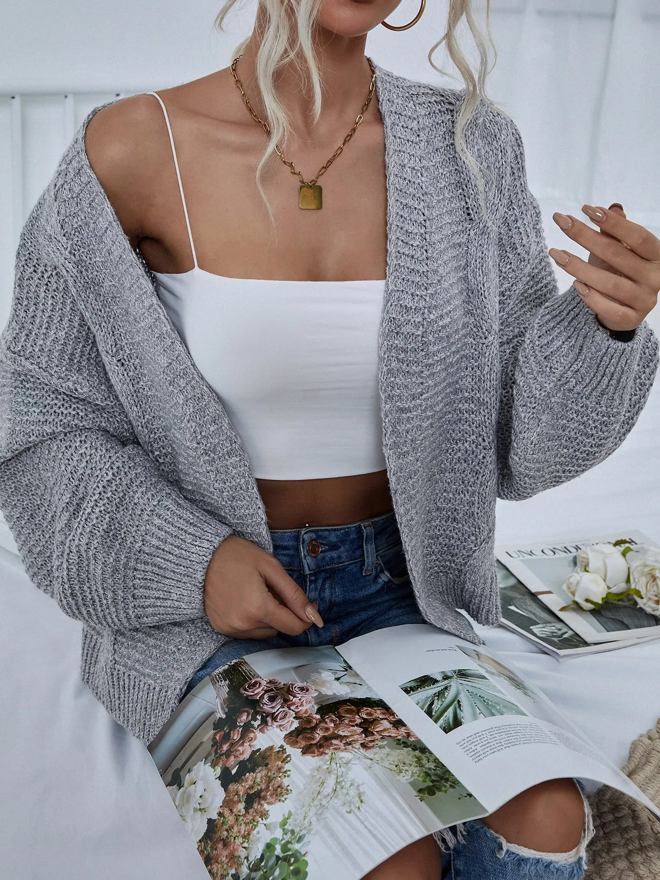 Casual Plain Long Sleeve Crop Women Cardigan