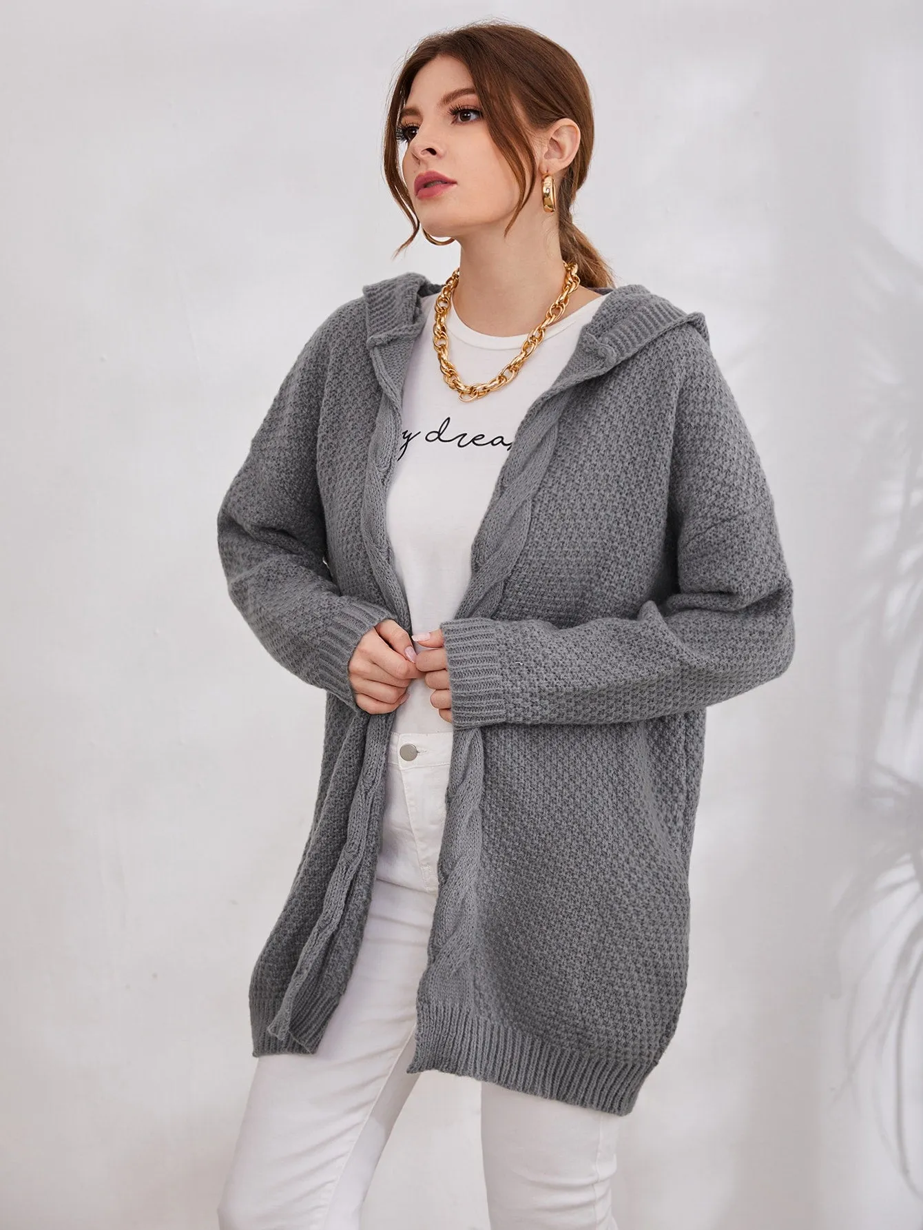 Casual Plain Long Sleeve Hooded Short Women Cardigan