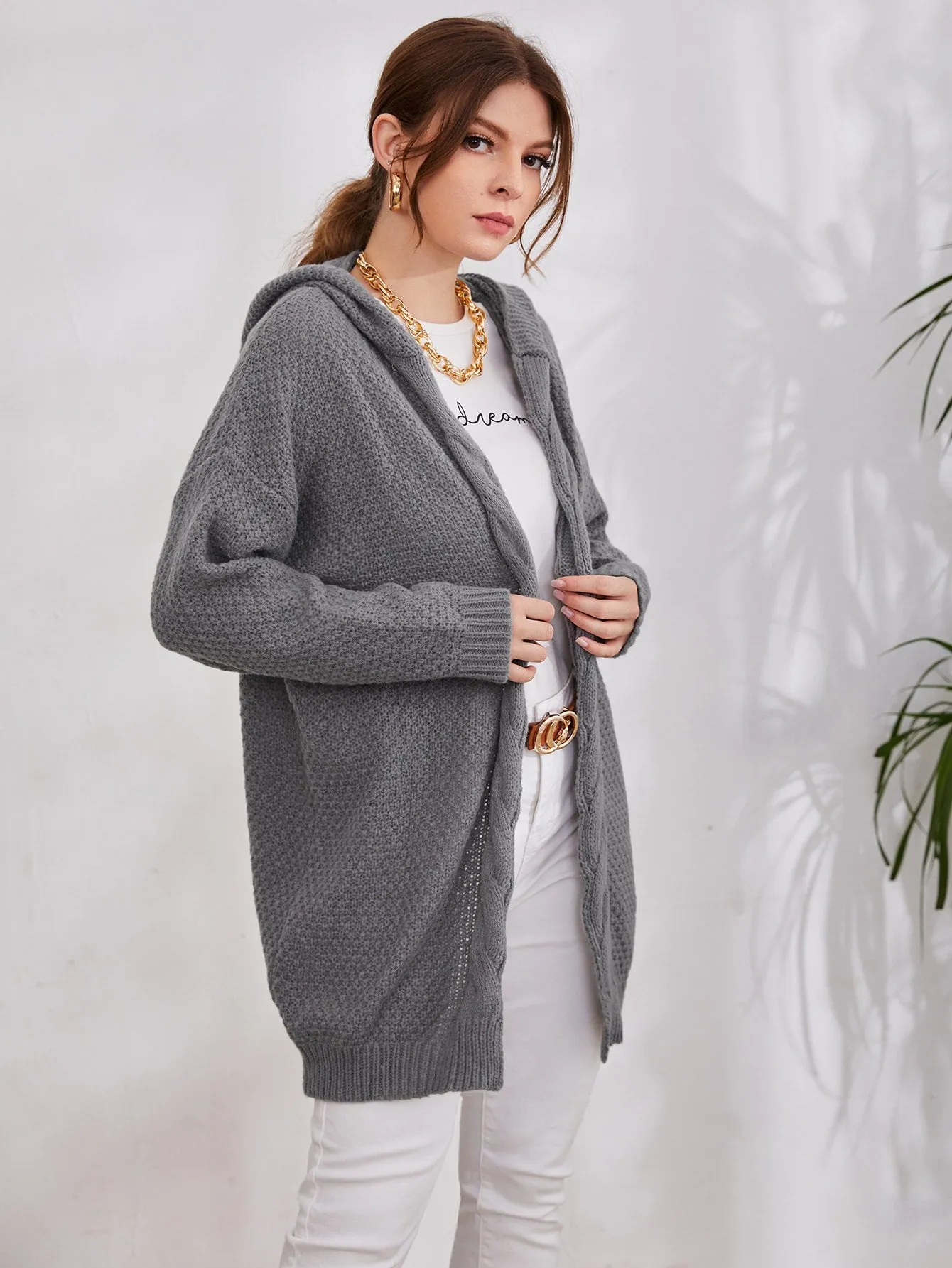 Casual Plain Long Sleeve Hooded Short Women Cardigan