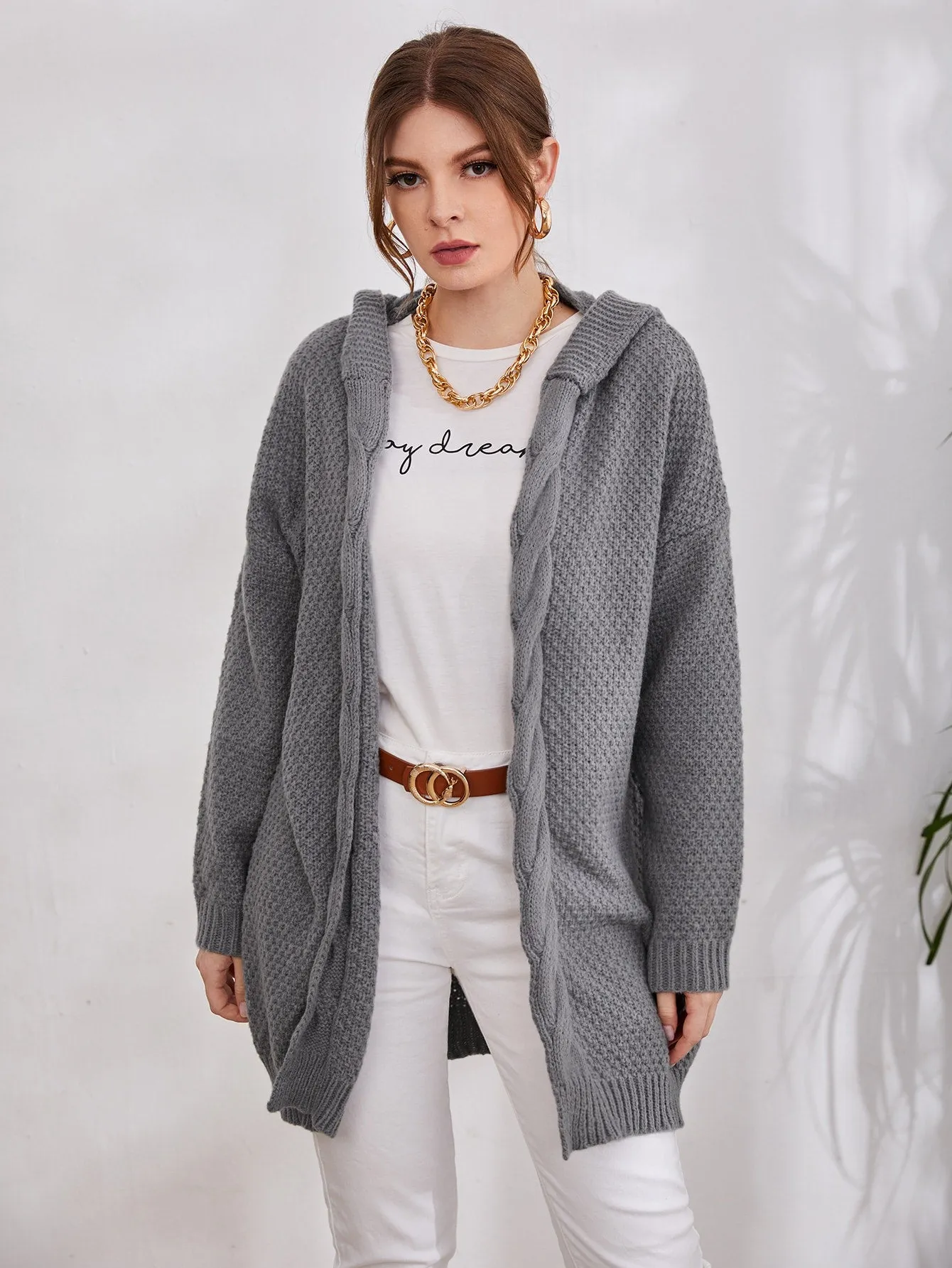 Casual Plain Long Sleeve Hooded Short Women Cardigan