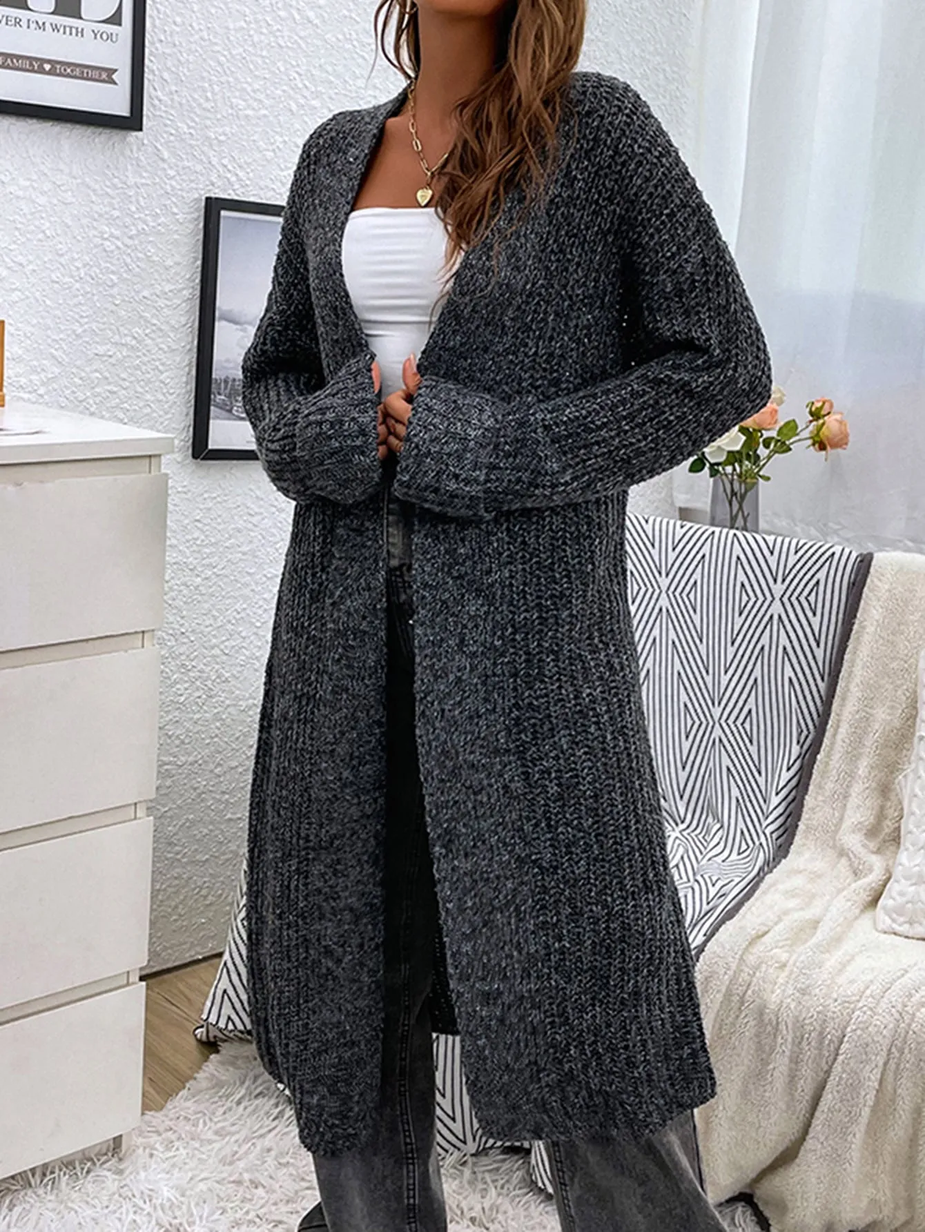 Casual Plain Long Sleeve Midi Women Cardigan