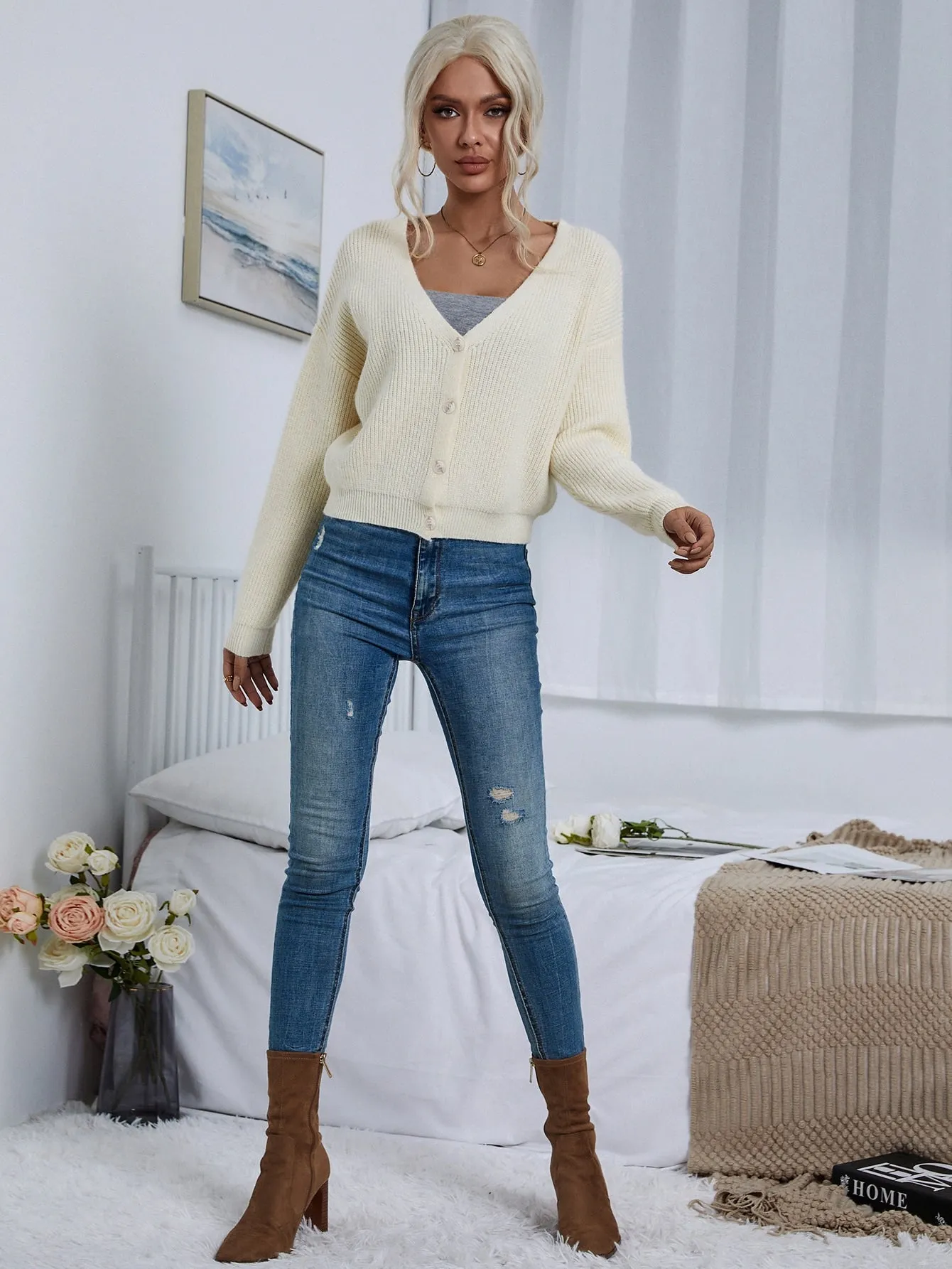 Casual Plain Rib-Knit Long Sleeve V Neck Crop Women Cardigan