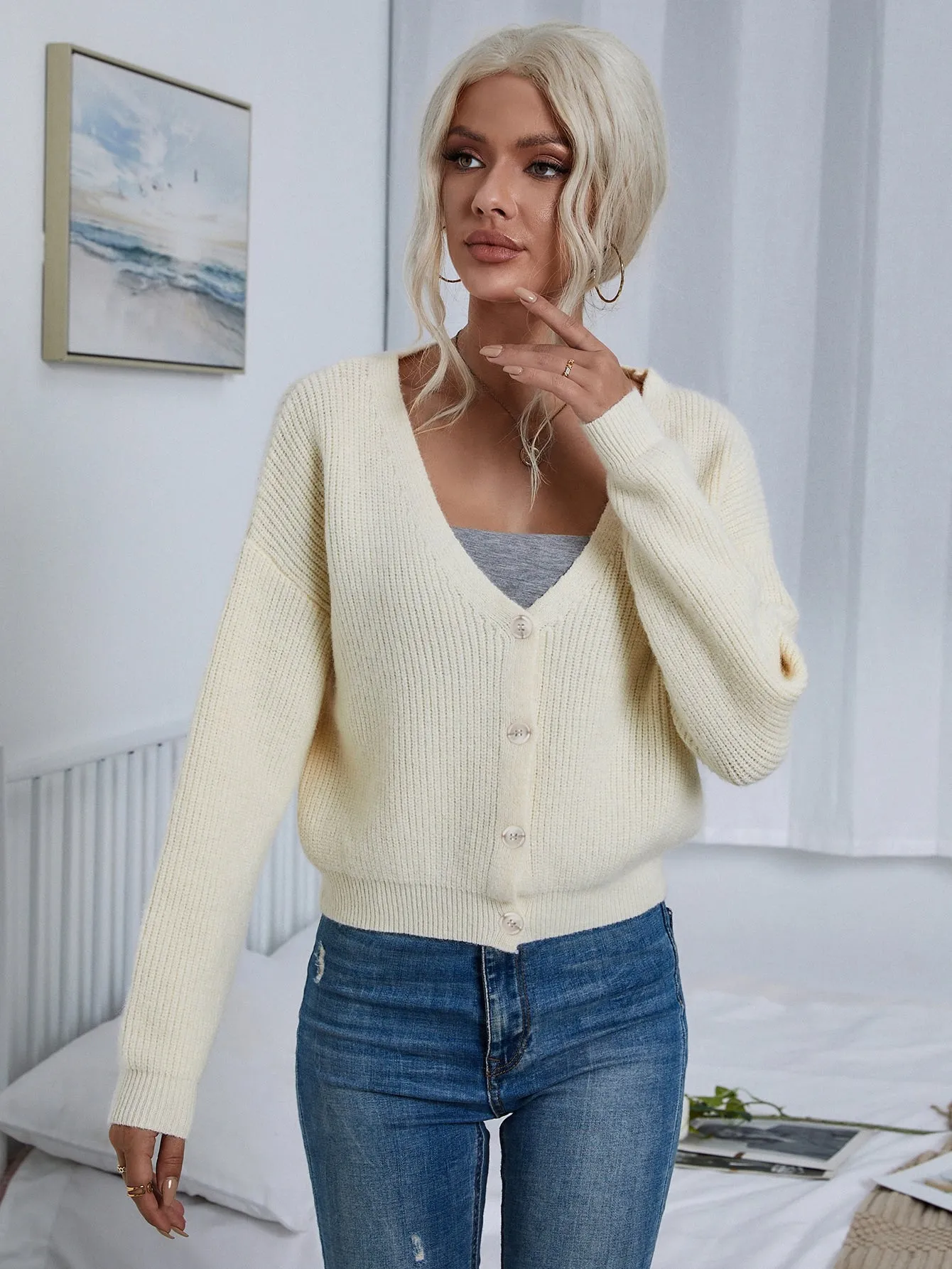 Casual Plain Rib-Knit Long Sleeve V Neck Crop Women Cardigan