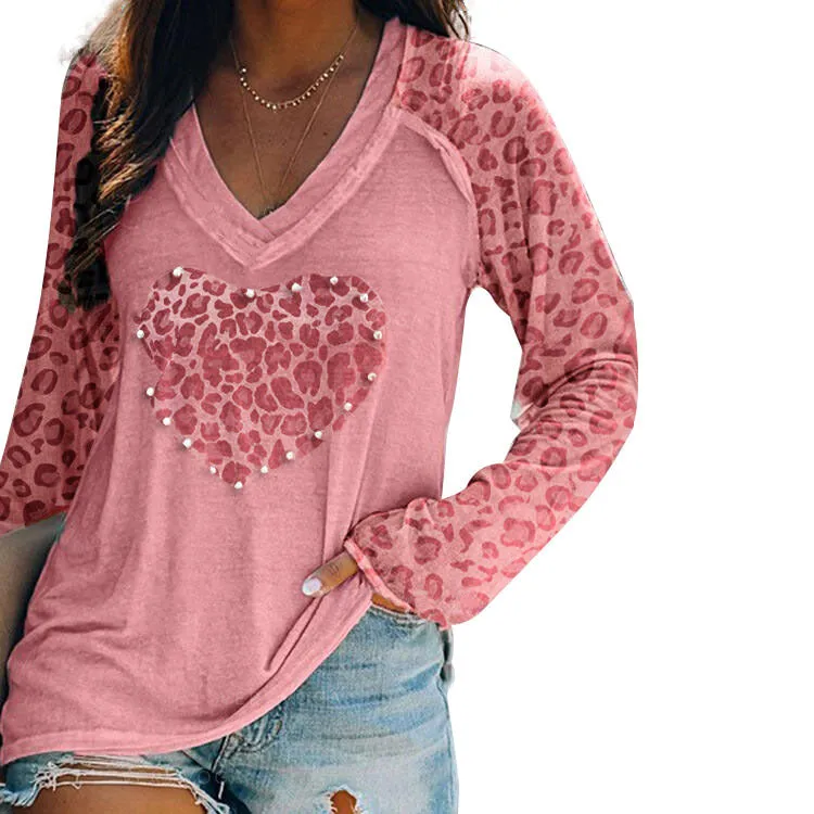 Casual Printed Nail Drill Pullover Long Sleeve V-neck Loose Women's T-shirt