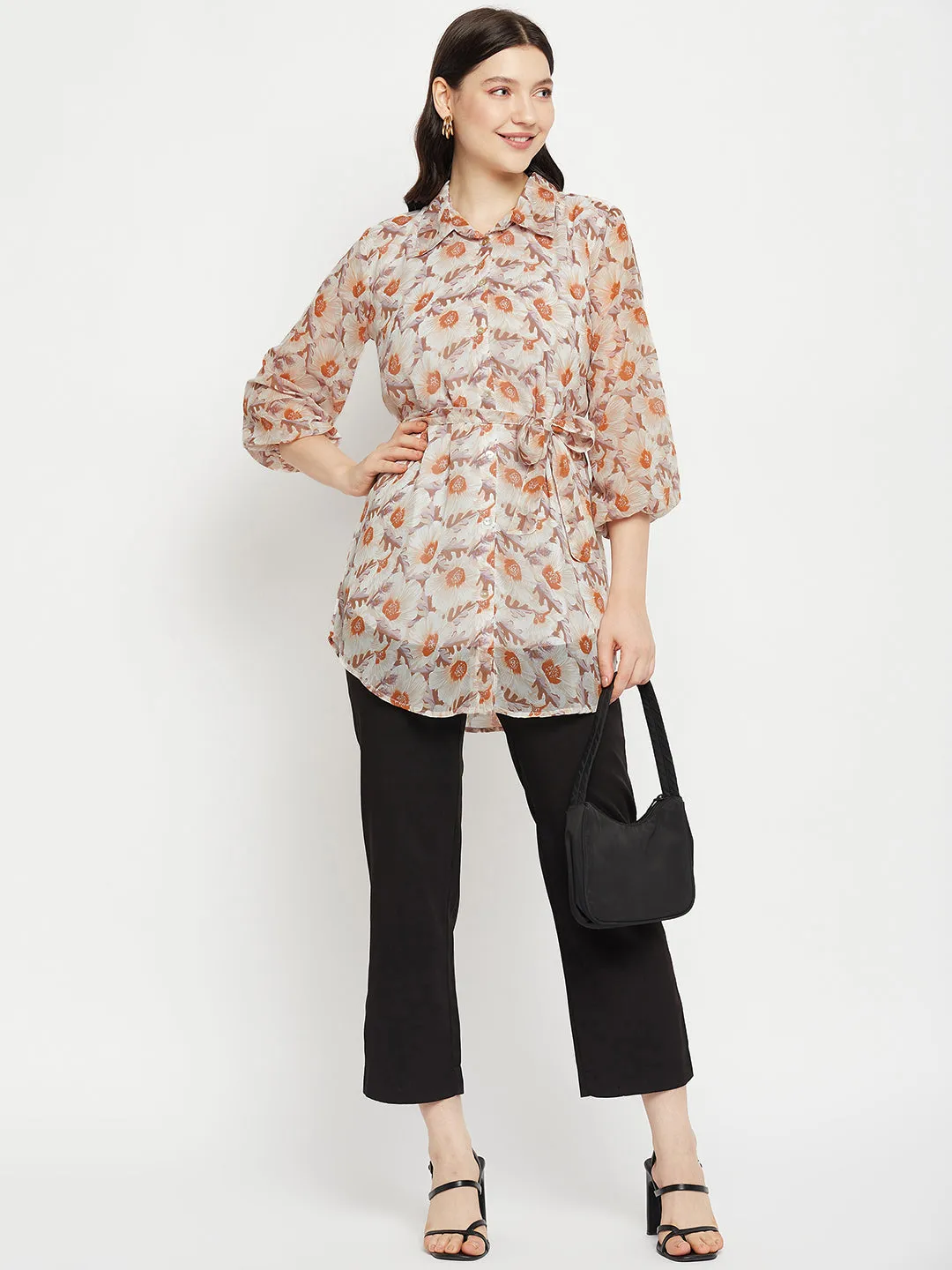 Casual Puff Sleeves Printed Women Brown Top