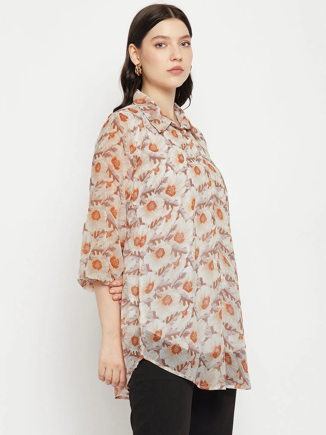 Casual Puff Sleeves Printed Women Brown Top