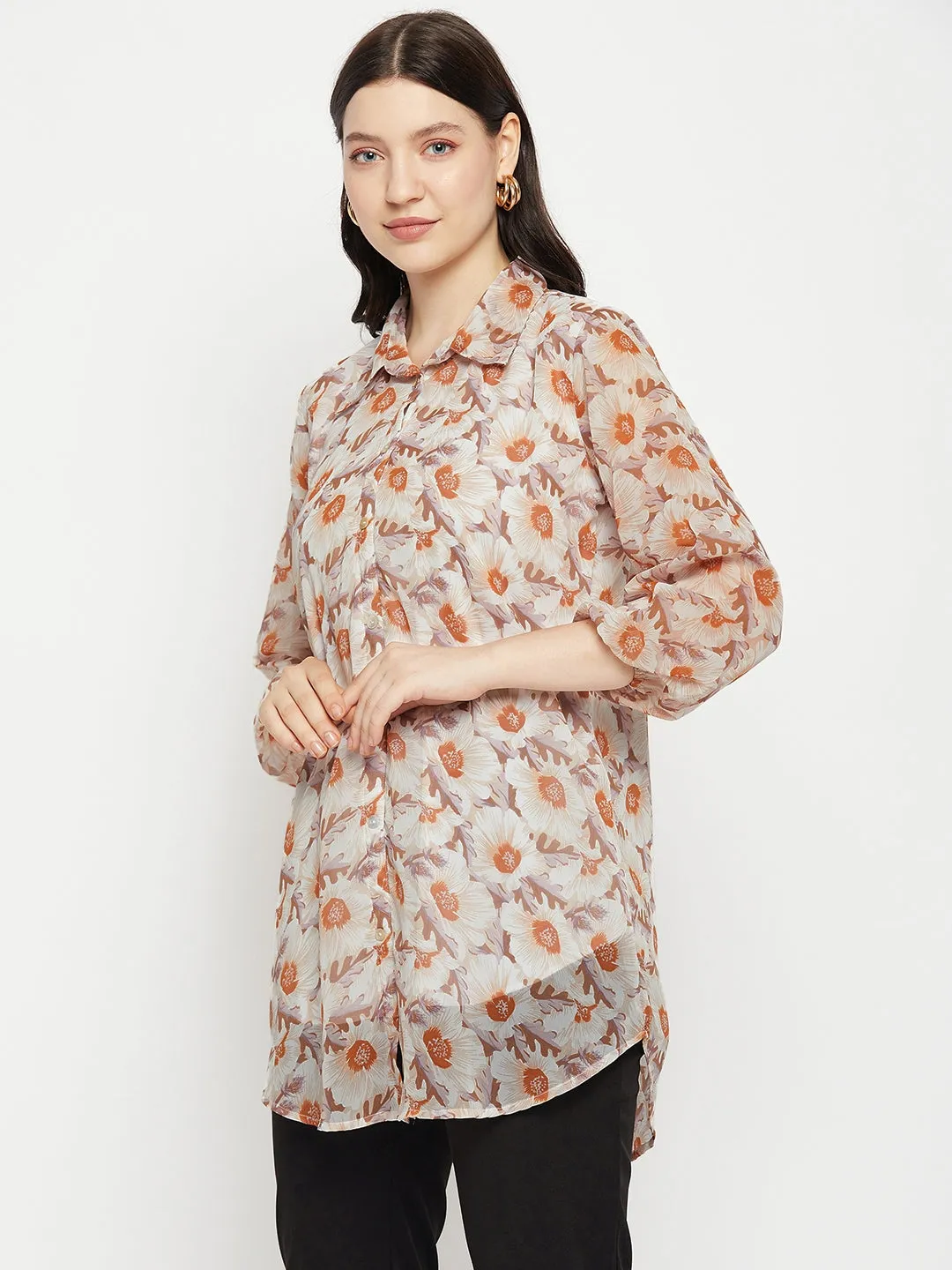 Casual Puff Sleeves Printed Women Brown Top