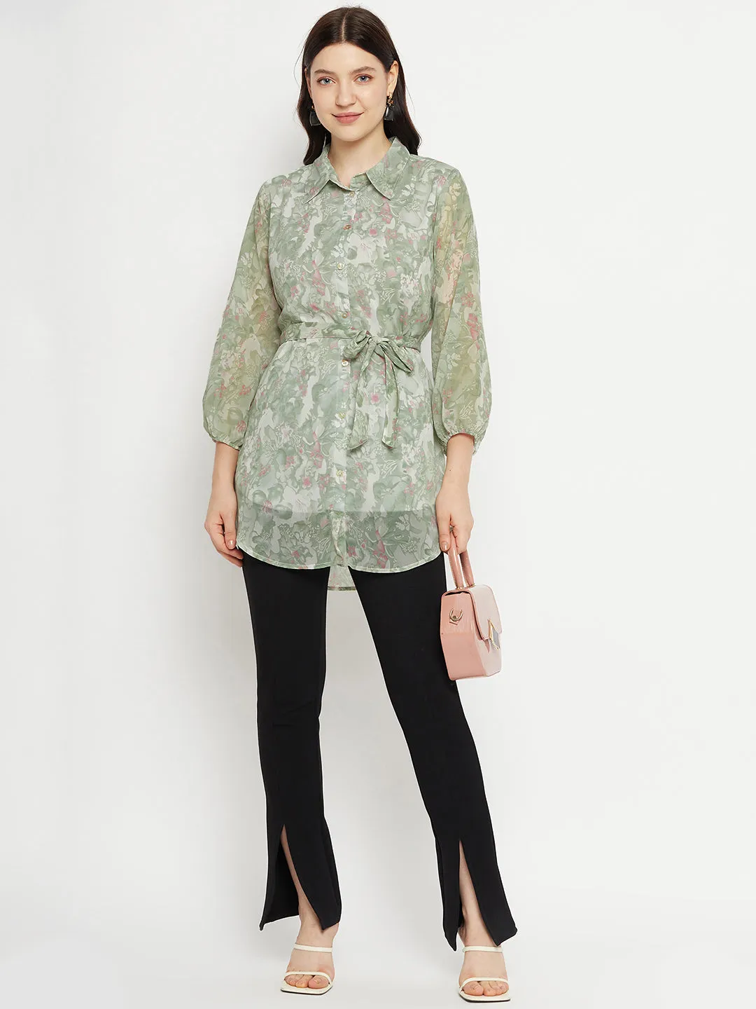 Casual Puff Sleeves Printed Women Green Top